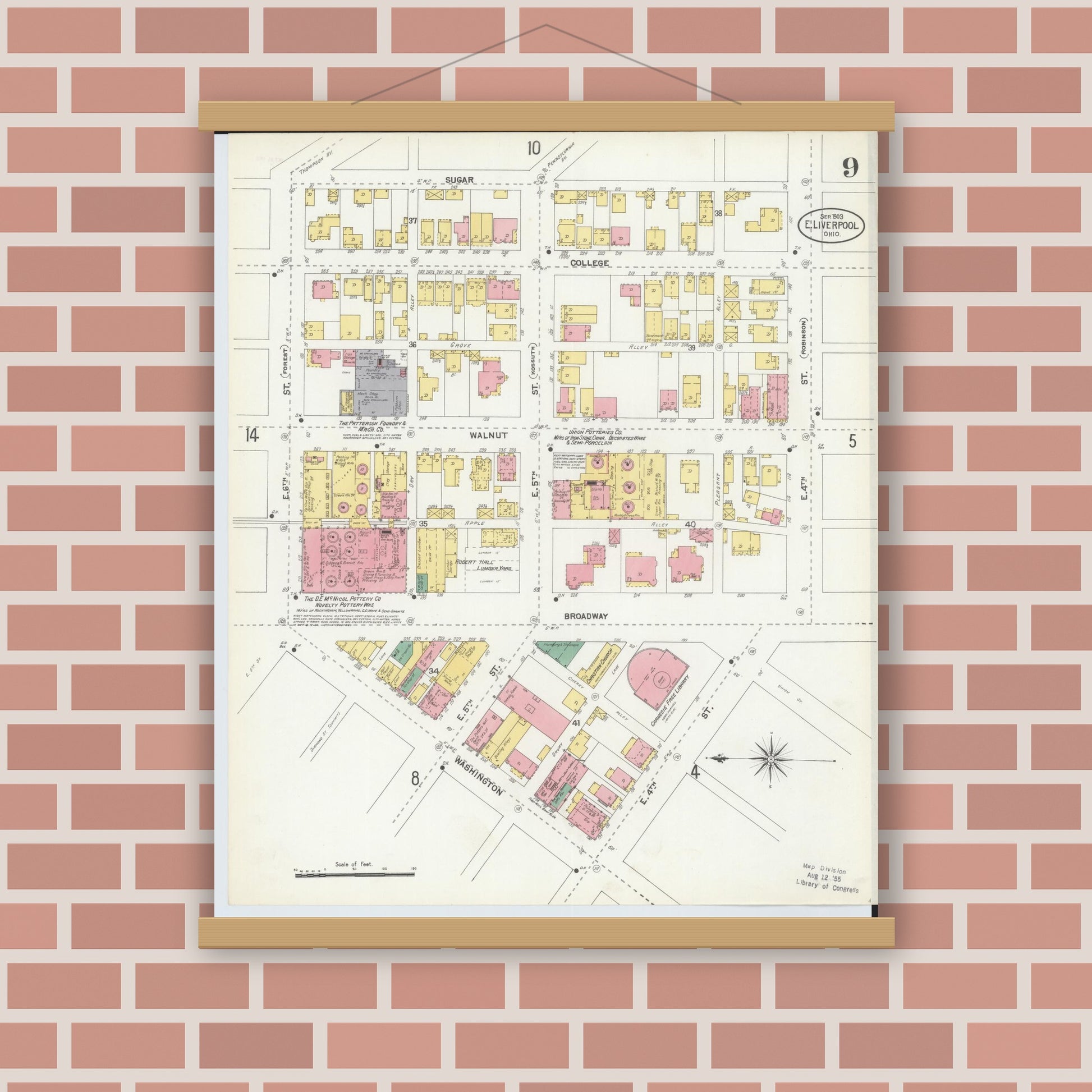 Old map wall art mockup — magnetic wood frame on brick wall — Sanborn Fire Insurance Map from East Liverpool, Columbiana County, Ohio (1903), Sheet #0009