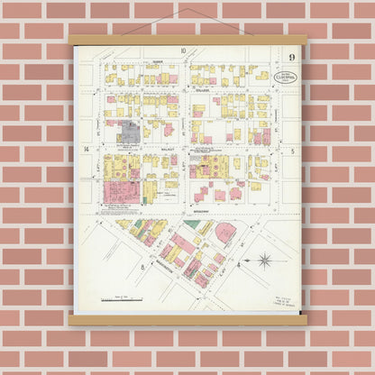 Old map wall art mockup — magnetic wood frame on brick wall — Sanborn Fire Insurance Map from East Liverpool, Columbiana County, Ohio (1903), Sheet #0009
