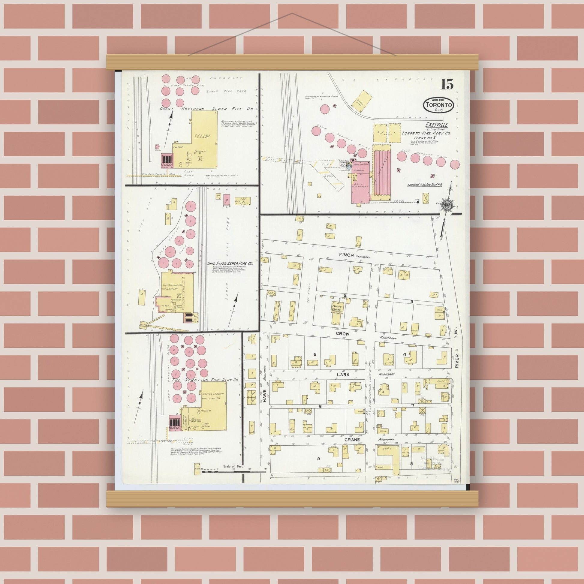 Old map wall art mockup — magnetic wood frame on brick wall — Sanborn Fire Insurance Map from Toronto, Jefferson County, Ohio (1911), Sheet #0015