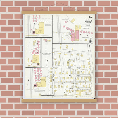 Old map wall art mockup — magnetic wood frame on brick wall — Sanborn Fire Insurance Map from Toronto, Jefferson County, Ohio (1911), Sheet #0015