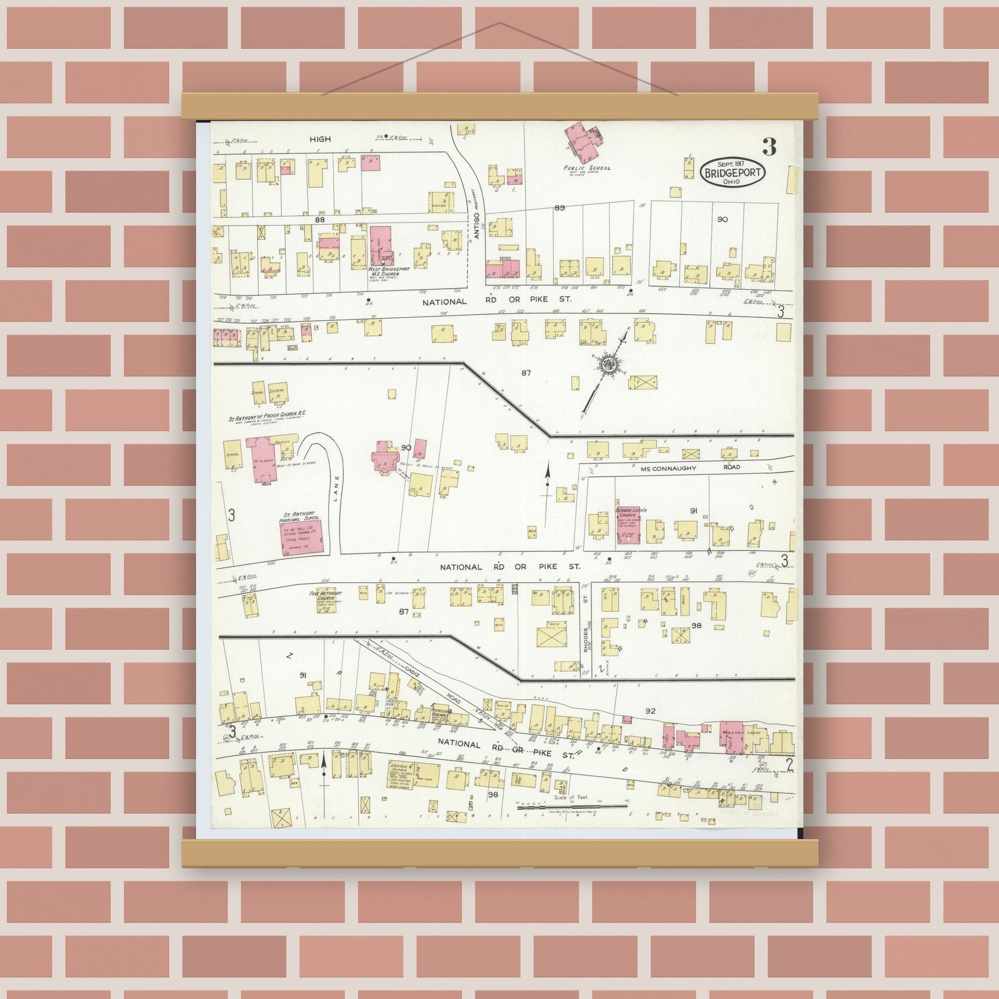 Old map wall art mockup — magnetic wood frame on brick wall — Sanborn Fire Insurance Map from Bridgeport, Belmont County, Ohio (1917), Sheet #0003