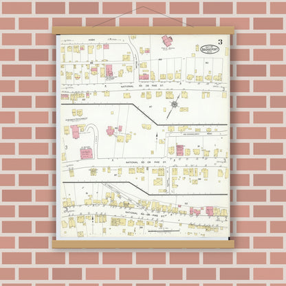 Old map wall art mockup — magnetic wood frame on brick wall — Sanborn Fire Insurance Map from Bridgeport, Belmont County, Ohio (1917), Sheet #0003