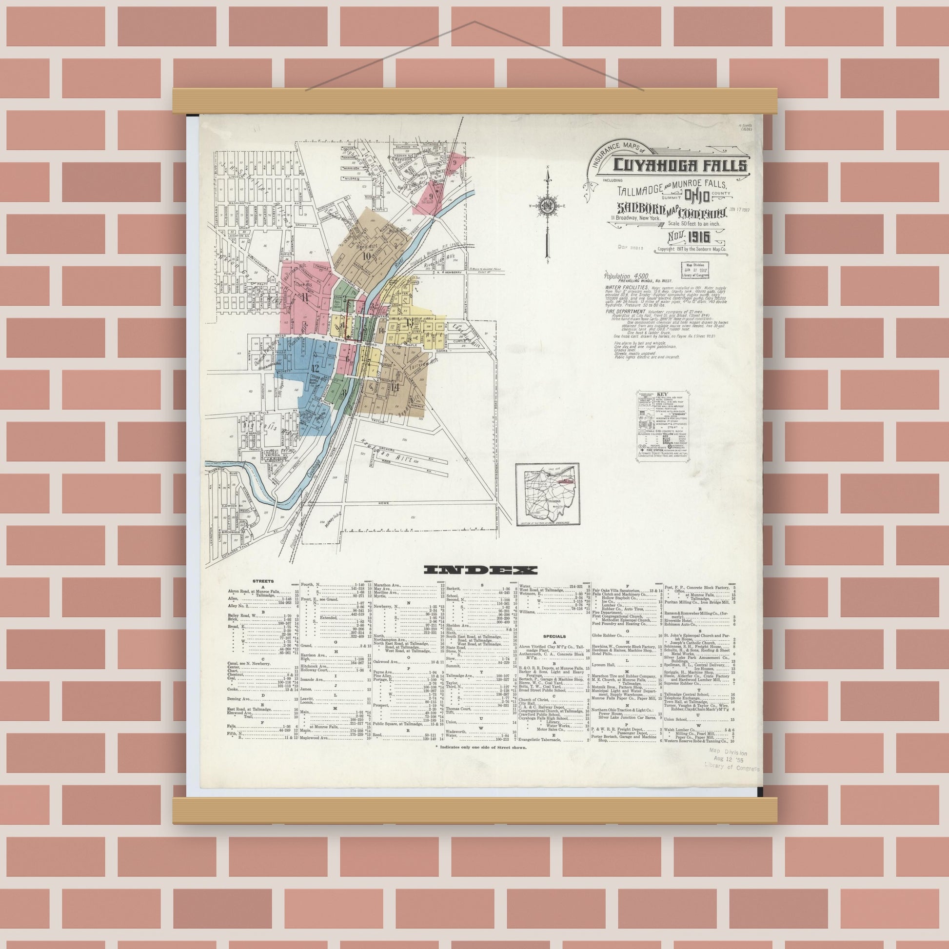 Old map wall art mockup — magnetic wood frame on brick wall — Sanborn Fire Insurance Map from Cuyahoga Falls, Summit County, Ohio (1916) - Complete Map Set