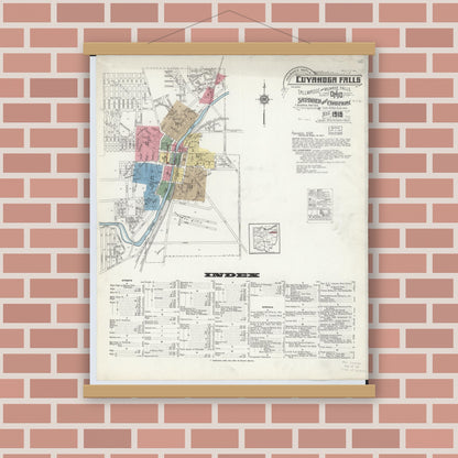 Old map wall art mockup — magnetic wood frame on brick wall — Sanborn Fire Insurance Map from Cuyahoga Falls, Summit County, Ohio (1916) - Complete Map Set