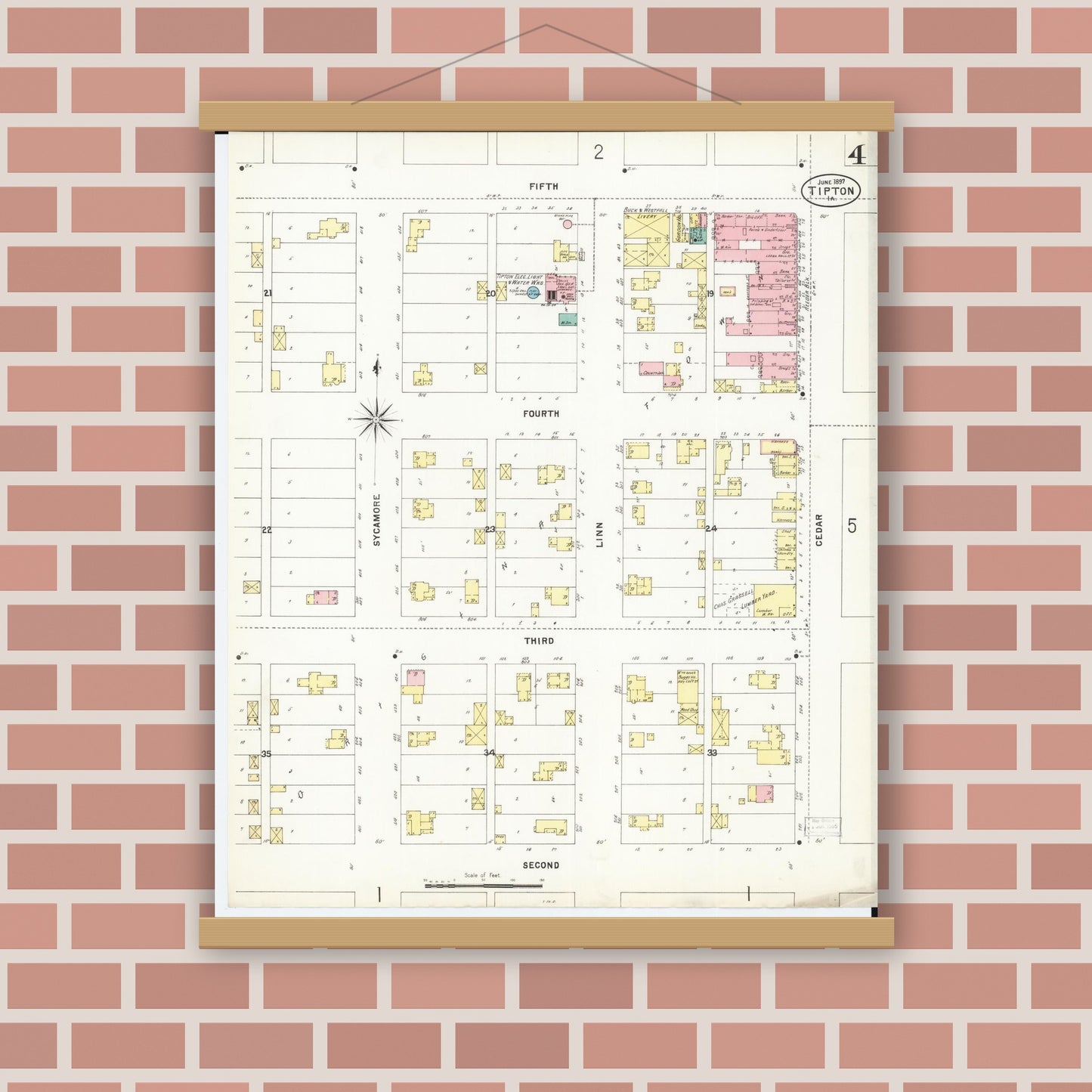 Old map wall art mockup — magnetic wood frame on brick wall — Sanborn Fire Insurance Map from Tipton, Cedar County, Iowa (1897), Sheet #0004