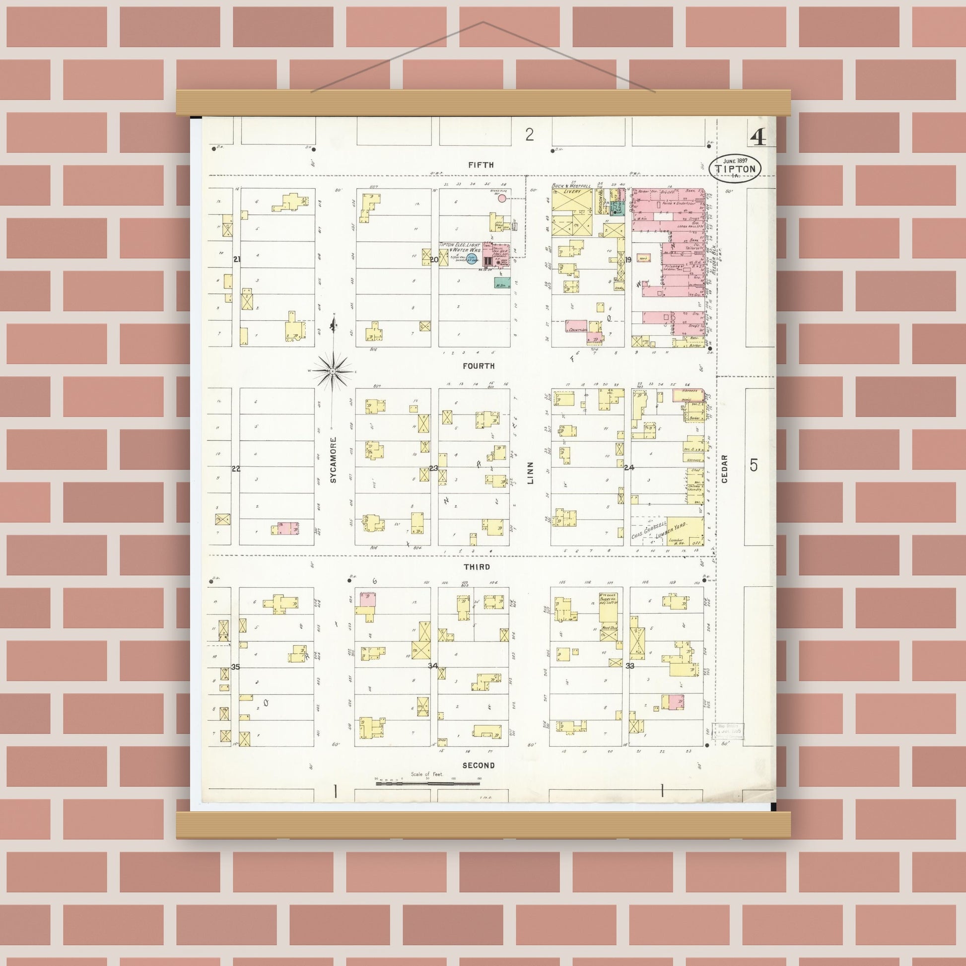 Old map wall art mockup — magnetic wood frame on brick wall — Sanborn Fire Insurance Map from Tipton, Cedar County, Iowa (1897), Sheet #0004