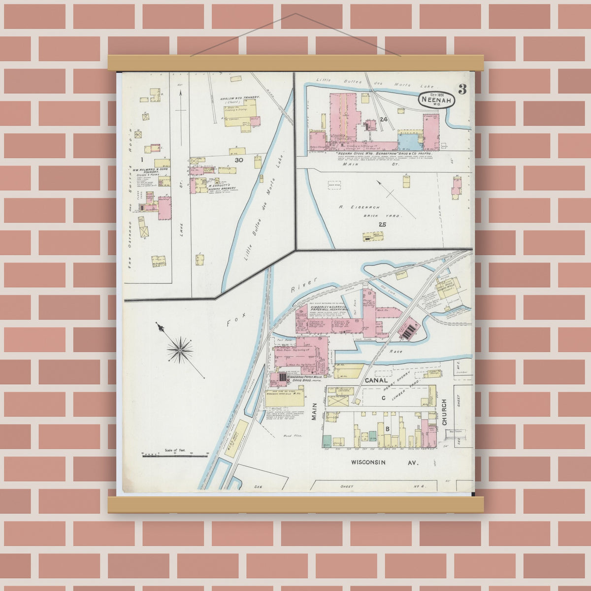 Old map wall art mockup — magnetic wood frame on brick wall — Sanborn Fire Insurance Map from Neenah, Winnebago County, Wisconsin (1891), Sheet #0003