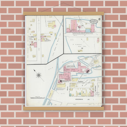 Old map wall art mockup — magnetic wood frame on brick wall — Sanborn Fire Insurance Map from Neenah, Winnebago County, Wisconsin (1891), Sheet #0003