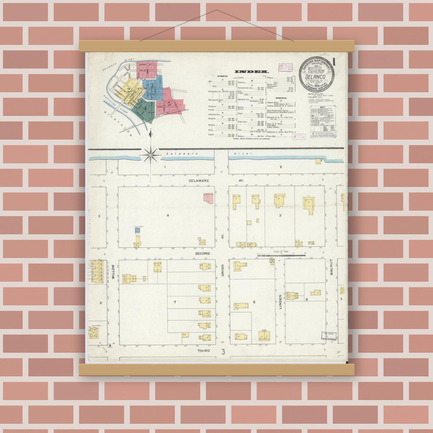 Old map wall art mockup — magnetic wood frame on brick wall — Sanborn Fire Insurance Map from Delanco, Burlington County, New Jersey (1909), Sheet #0001