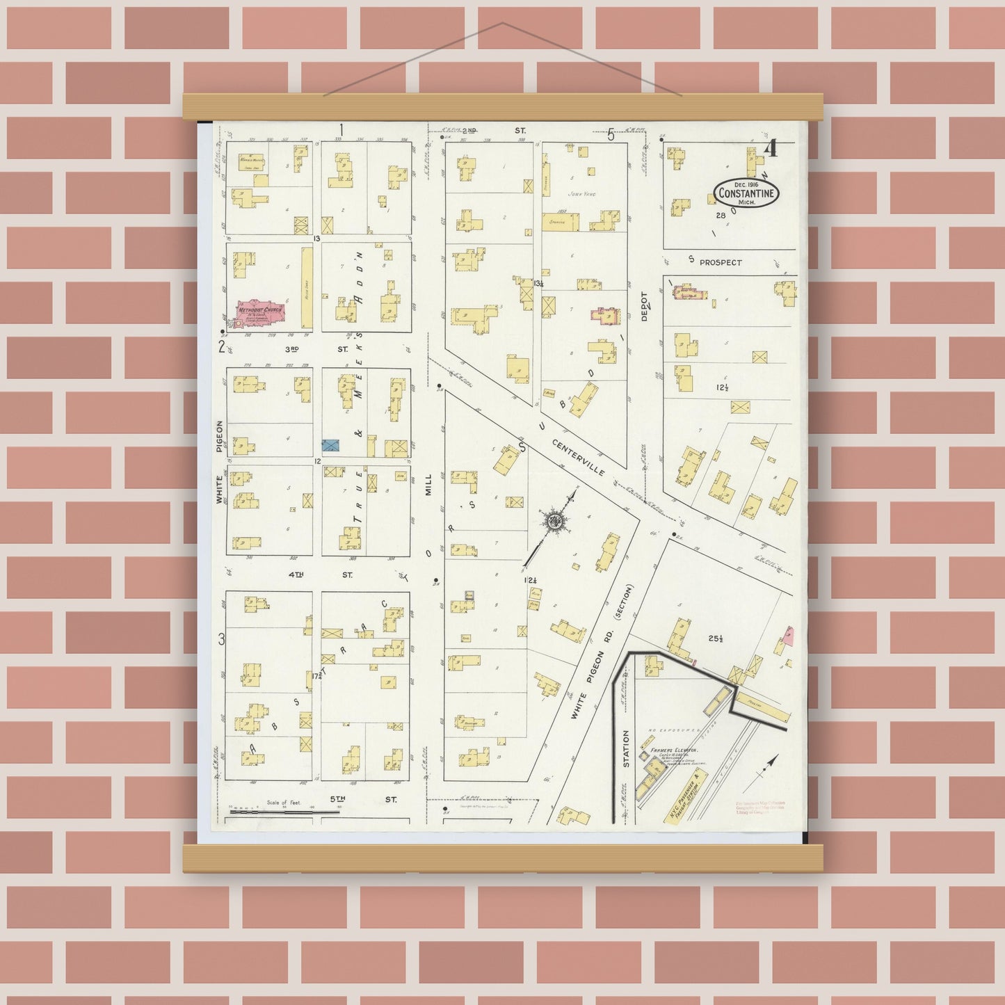 Old map wall art mockup — magnetic wood frame on brick wall — Sanborn Fire Insurance Map from Constantine, Saint Joseph County, Michigan (1916), Sheet #0004