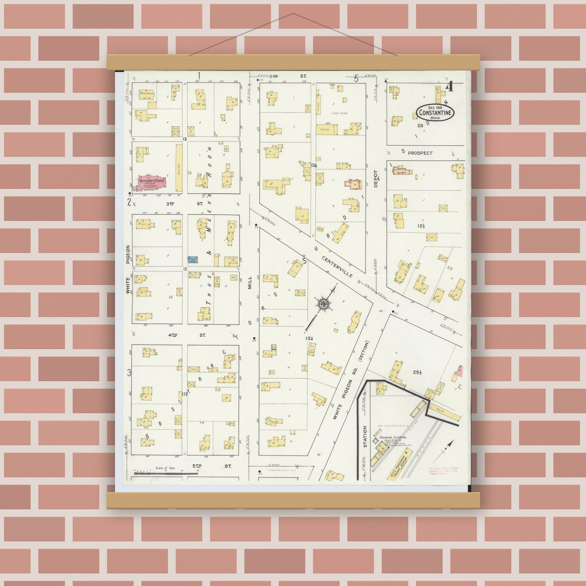 Old map wall art mockup — magnetic wood frame on brick wall — Sanborn Fire Insurance Map from Constantine, Saint Joseph County, Michigan (1916), Sheet #0004