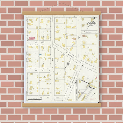 Old map wall art mockup — magnetic wood frame on brick wall — Sanborn Fire Insurance Map from Constantine, Saint Joseph County, Michigan (1916), Sheet #0004