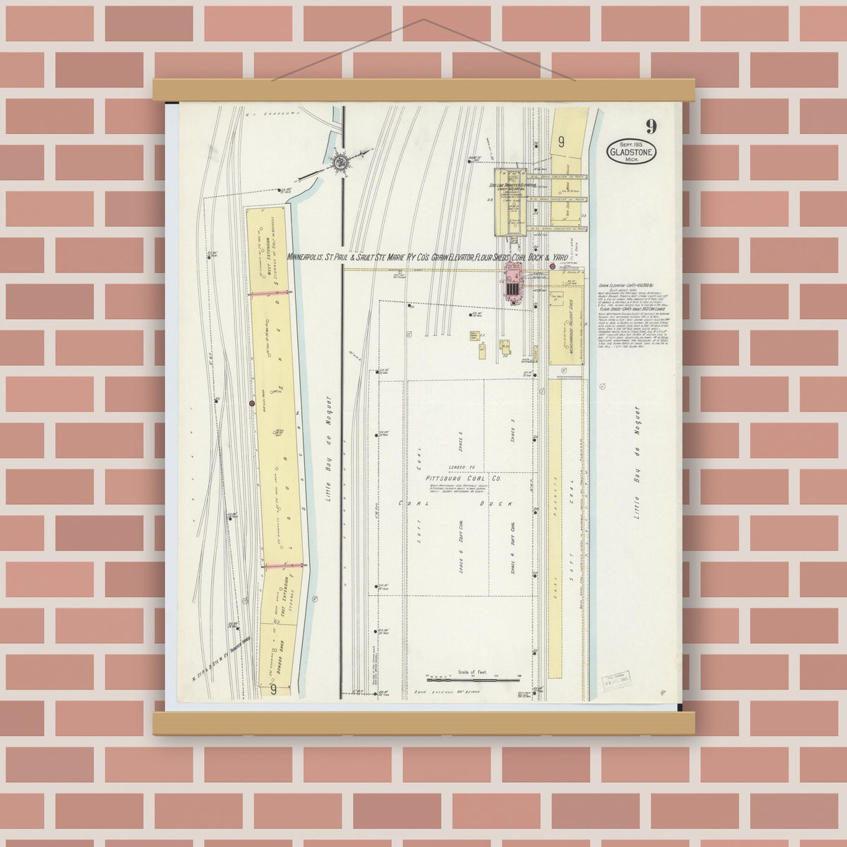 Old map wall art mockup — magnetic wood frame on brick wall — Sanborn Fire Insurance Map from Gladstone, Delta County, Michigan (1913), Sheet #0009