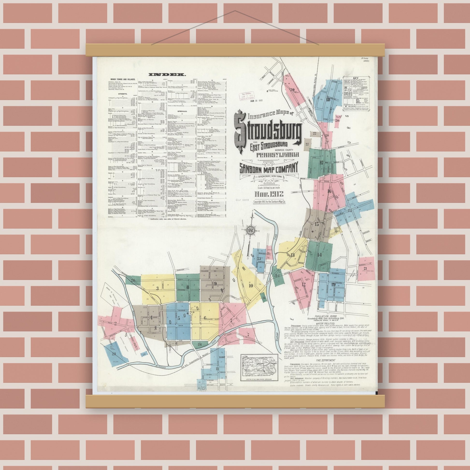 Old map wall art mockup — magnetic wood frame on brick wall — Sanborn Fire Insurance Map from Stroudsburg, Monroe County, Pennsylvania (1912) - Complete Map Set