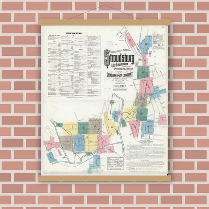 Old map wall art mockup — magnetic wood frame on brick wall — Sanborn Fire Insurance Map from Stroudsburg, Monroe County, Pennsylvania (1912) - Complete Map Set