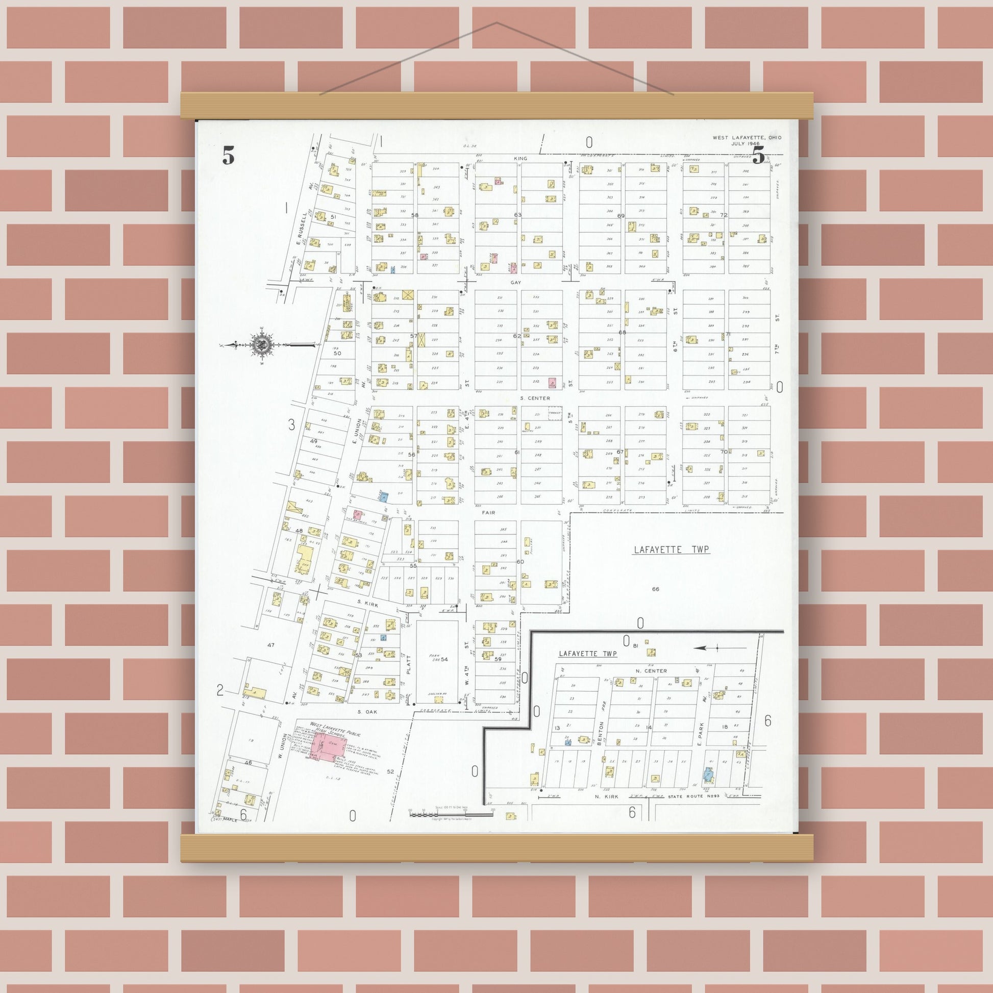 Old map wall art mockup — magnetic wood frame on brick wall — Sanborn Fire Insurance Map from West Lafayette, Coshocton County, Ohio (1946), Sheet #0005