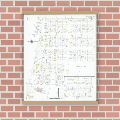 Old map wall art mockup — magnetic wood frame on brick wall — Sanborn Fire Insurance Map from West Lafayette, Coshocton County, Ohio (1946), Sheet #0005