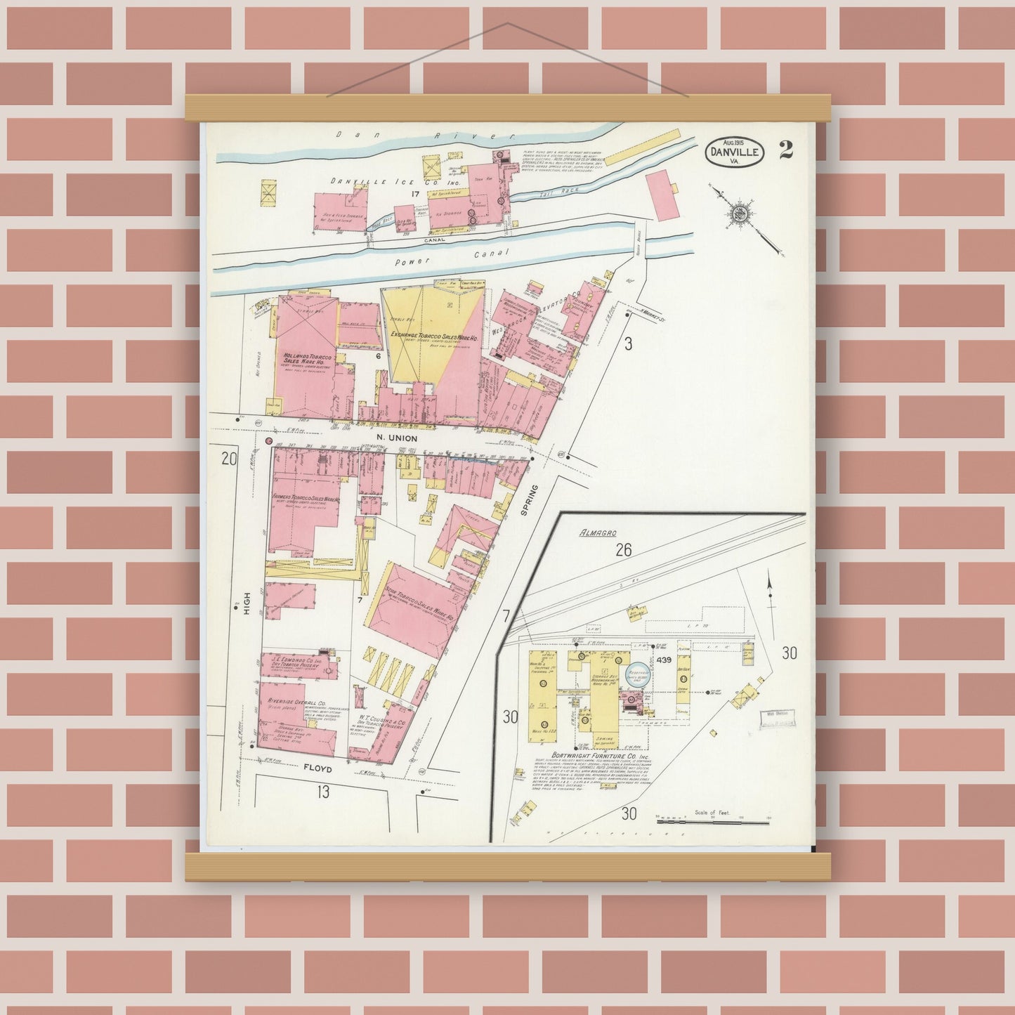 Old map wall art mockup — magnetic wood frame on brick wall — Sanborn Fire Insurance Map from Danville, Independent Cities, Virginia (1915), Sheet #0002