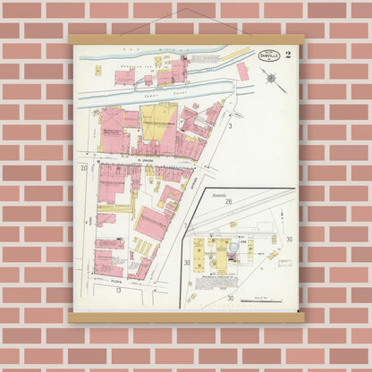Old map wall art mockup — magnetic wood frame on brick wall — Sanborn Fire Insurance Map from Danville, Independent Cities, Virginia (1915), Sheet #0002