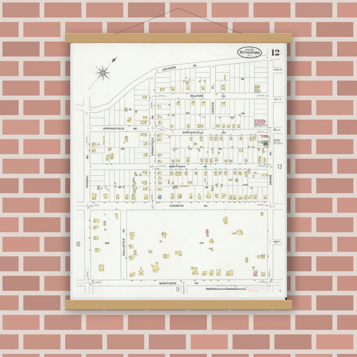 Old map wall art mockup — magnetic wood frame on brick wall — Sanborn Fire Insurance Map from Rutherford, Bergen County, New Jersey (1909), Sheet #0012