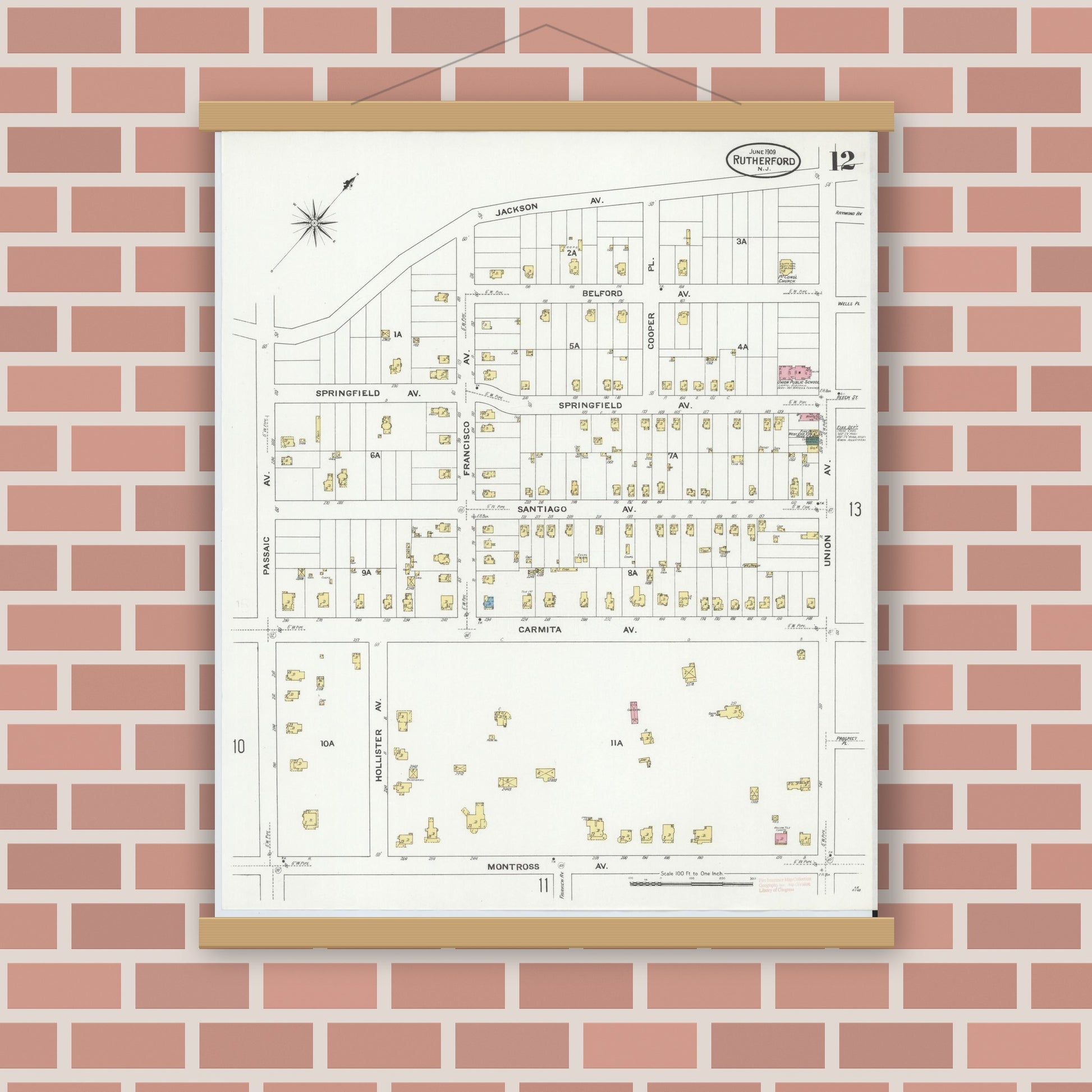 Old map wall art mockup — magnetic wood frame on brick wall — Sanborn Fire Insurance Map from Rutherford, Bergen County, New Jersey (1909), Sheet #0012