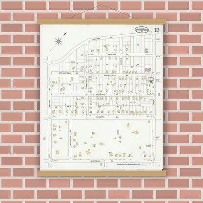 Old map wall art mockup — magnetic wood frame on brick wall — Sanborn Fire Insurance Map from Rutherford, Bergen County, New Jersey (1909), Sheet #0012