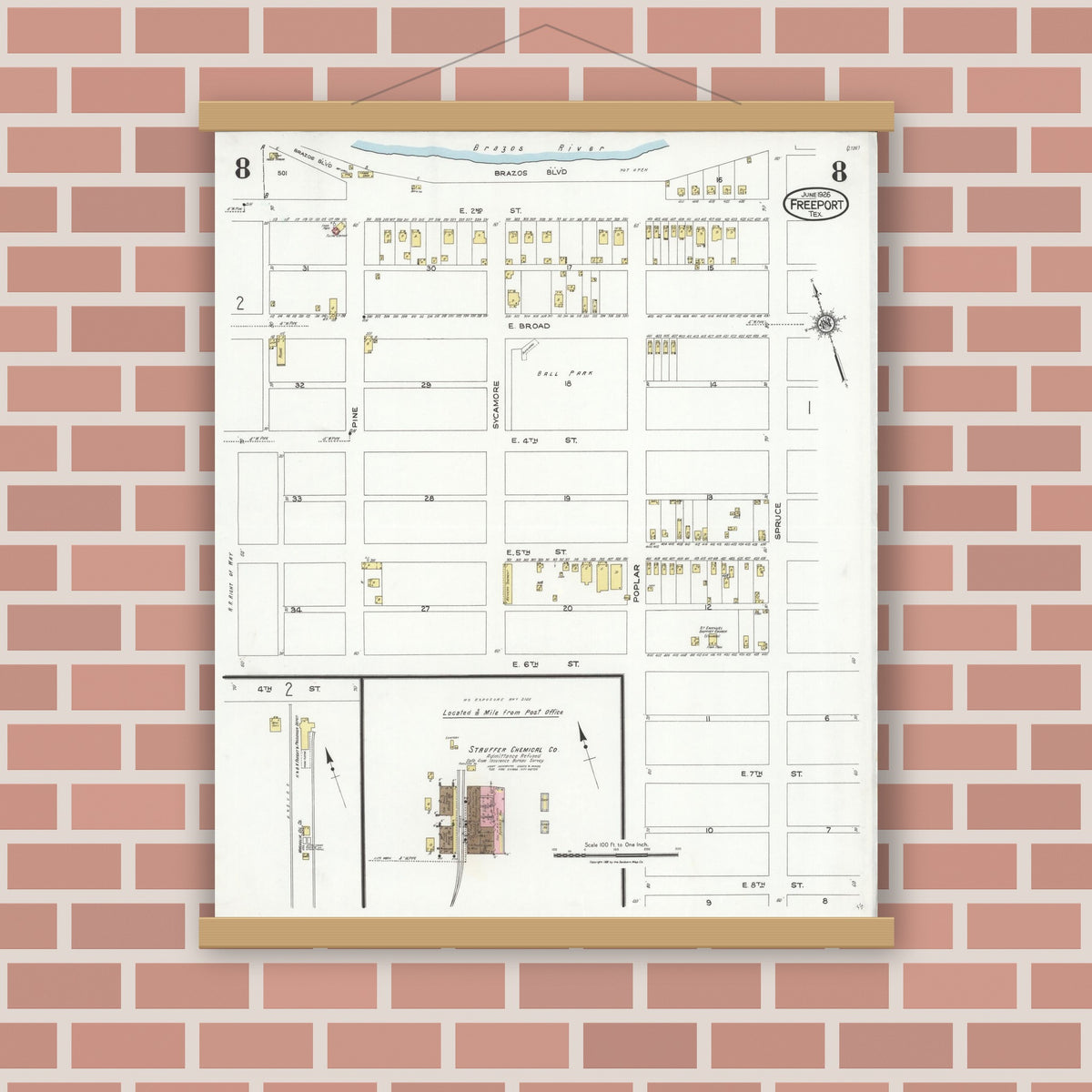 Old map wall art mockup — magnetic wood frame on brick wall — Sanborn Fire Insurance Map from Freeport, Brazoria County, Texas (1926), Sheet #0008