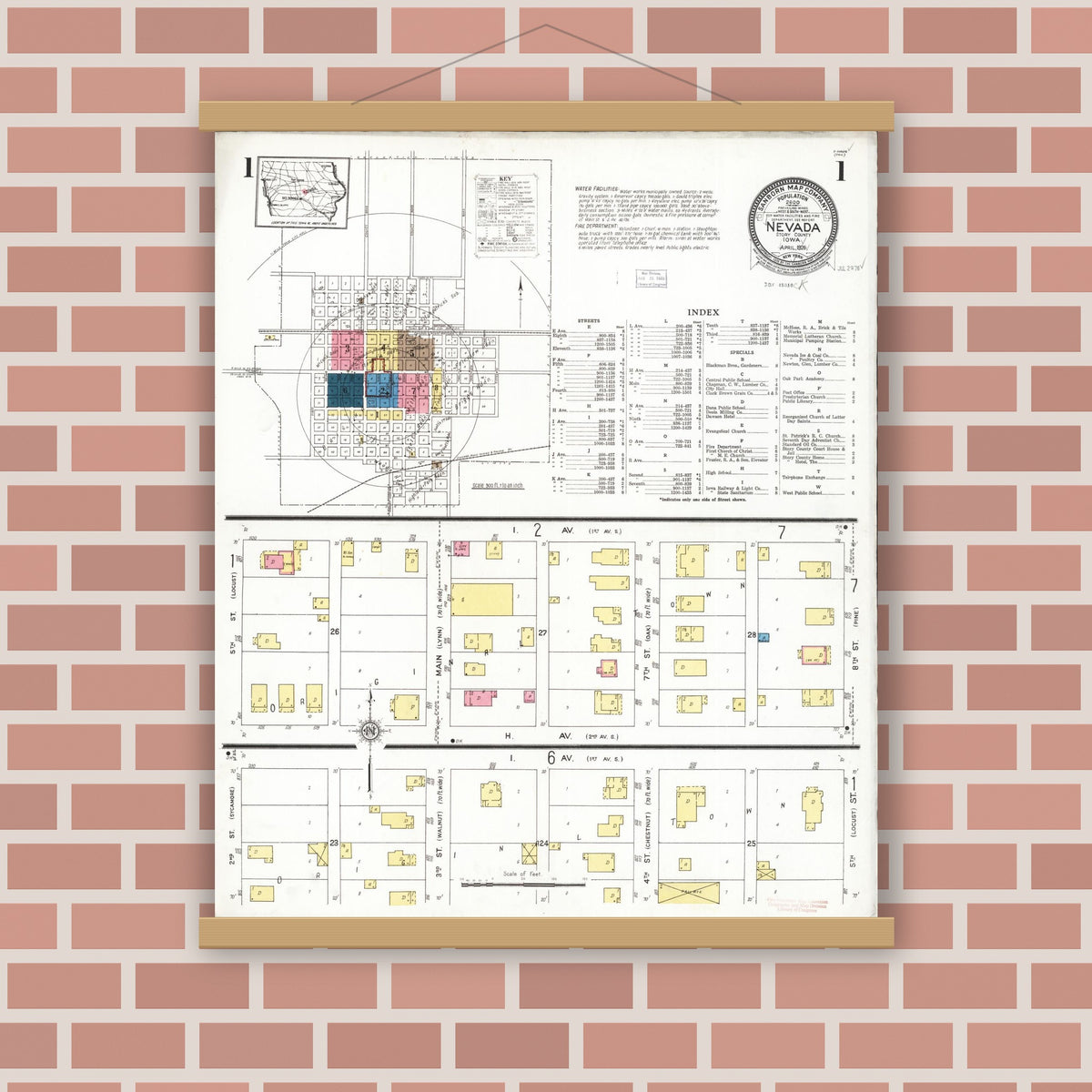 Old map wall art mockup — magnetic wood frame on brick wall — Sanborn Fire Insurance Map from Nevada, Story County, Iowa (1926) â€” Complete Set
