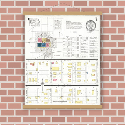 Old map wall art mockup — magnetic wood frame on brick wall — Sanborn Fire Insurance Map from Nevada, Story County, Iowa (1926) â€” Complete Set