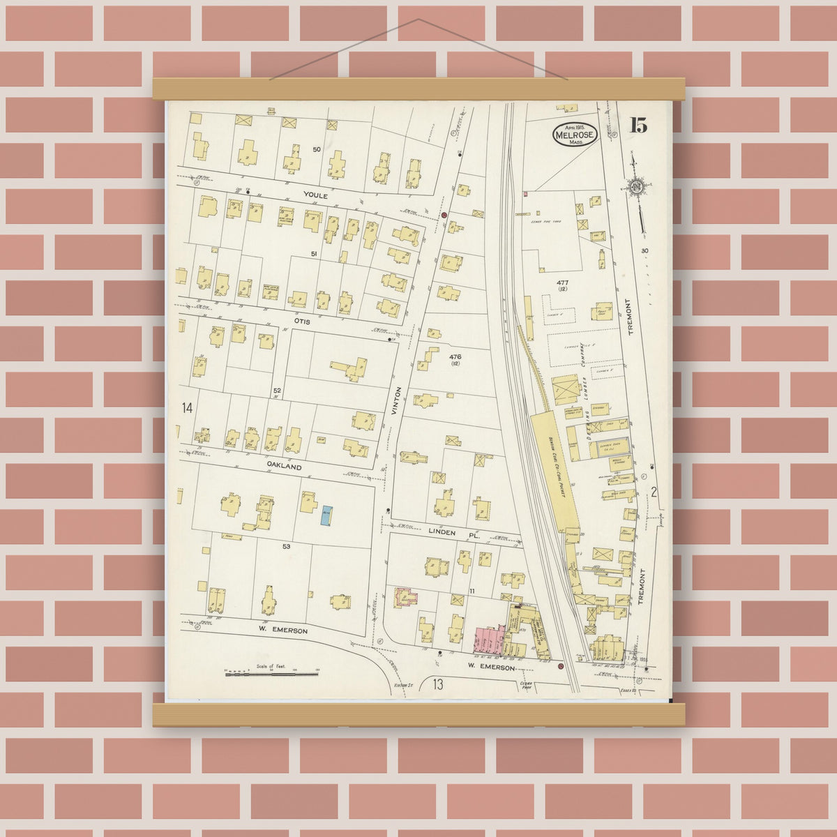 Old map wall art mockup — magnetic wood frame on brick wall — Sanborn Fire Insurance Map from Melrose, Middlesex County, Massachusetts (1915), Sheet #0015