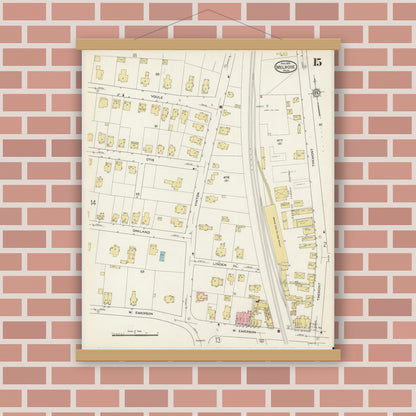 Old map wall art mockup — magnetic wood frame on brick wall — Sanborn Fire Insurance Map from Melrose, Middlesex County, Massachusetts (1915), Sheet #0015