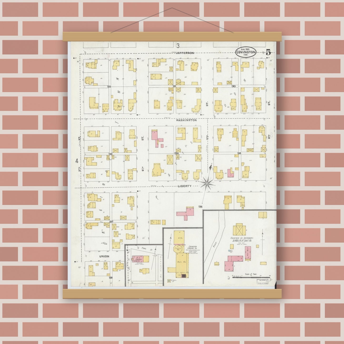 Old map wall art mockup — magnetic wood frame on brick wall — Sanborn Fire Insurance Map from Covington, Fountain County, Indiana (1905), Sheet #0005