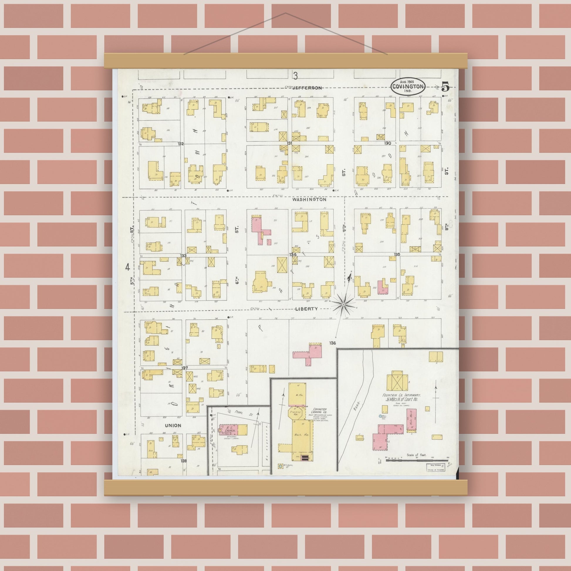 Old map wall art mockup — magnetic wood frame on brick wall — Sanborn Fire Insurance Map from Covington, Fountain County, Indiana (1905), Sheet #0005