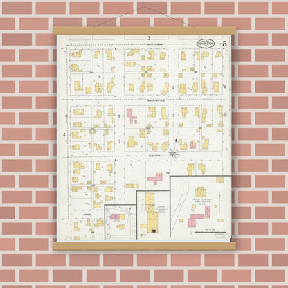 Old map wall art mockup — magnetic wood frame on brick wall — Sanborn Fire Insurance Map from Covington, Fountain County, Indiana (1905), Sheet #0005