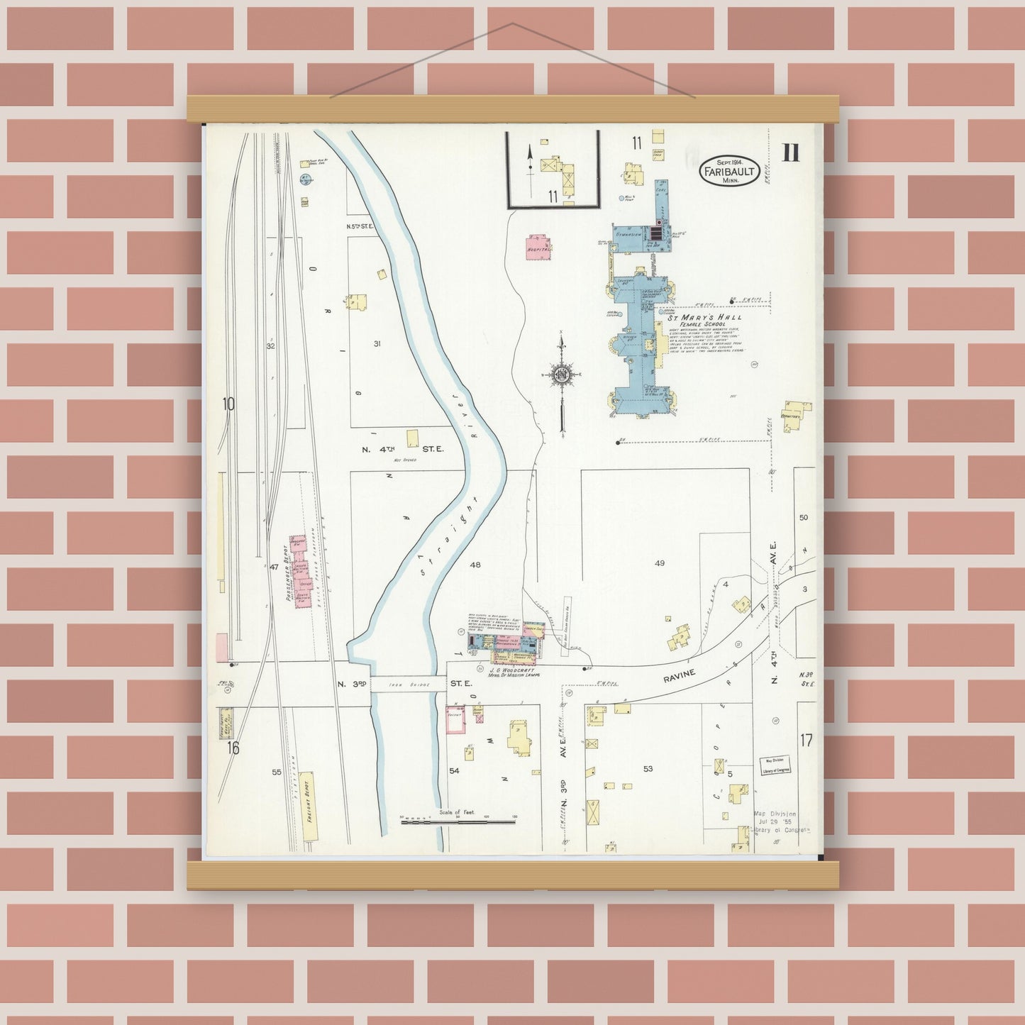Old map wall art mockup — magnetic wood frame on brick wall — Sanborn Fire Insurance Map from Faribault, Rice County, Minnesota (1914), Sheet #0011