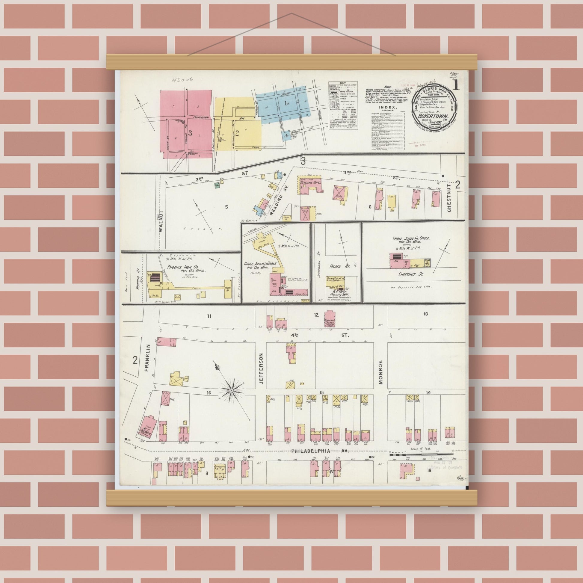 Old map wall art mockup — magnetic wood frame on brick wall — Sanborn Fire Insurance Map from Boyertown, Berks County, Pennsylvania (1896) - Complete Map Set