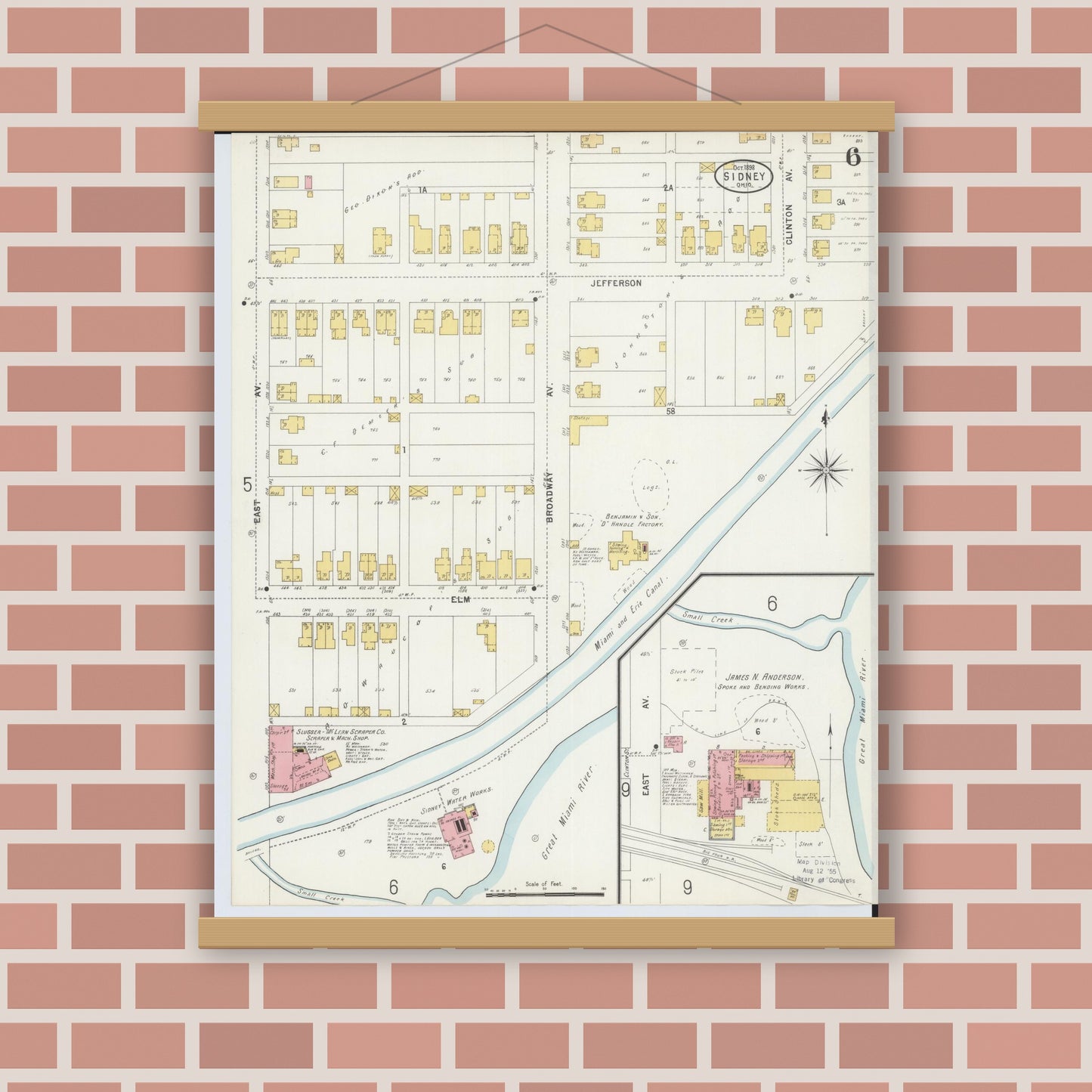 Old map wall art mockup — magnetic wood frame on brick wall — Sanborn Fire Insurance Map from Sidney, Shelby County, Ohio (1898), Sheet #0006