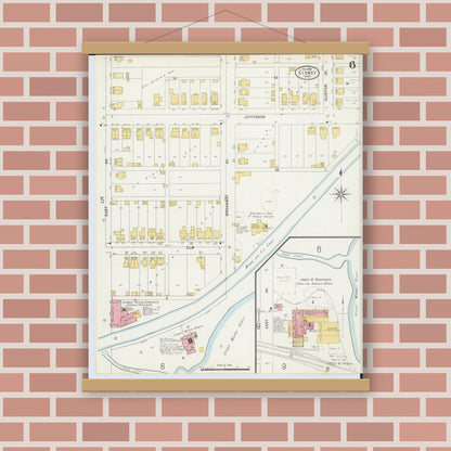 Old map wall art mockup — magnetic wood frame on brick wall — Sanborn Fire Insurance Map from Sidney, Shelby County, Ohio (1898), Sheet #0006