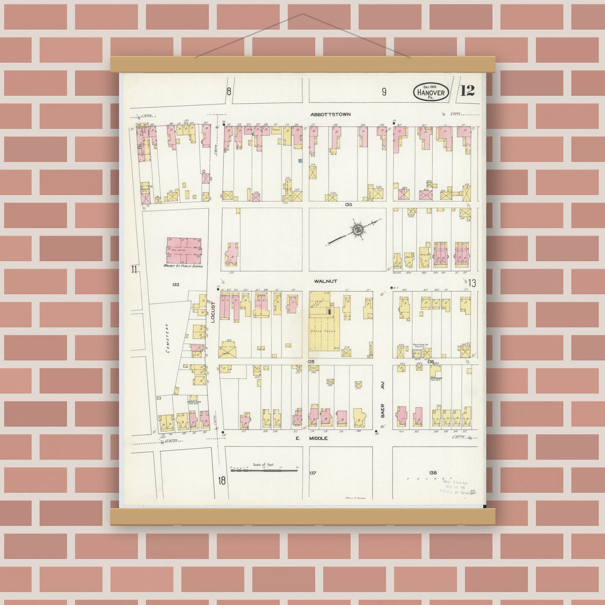 Old map wall art mockup — magnetic wood frame on brick wall — Sanborn Fire Insurance Map from Hanover, York County, Pennsylvania (1909), Sheet #0012