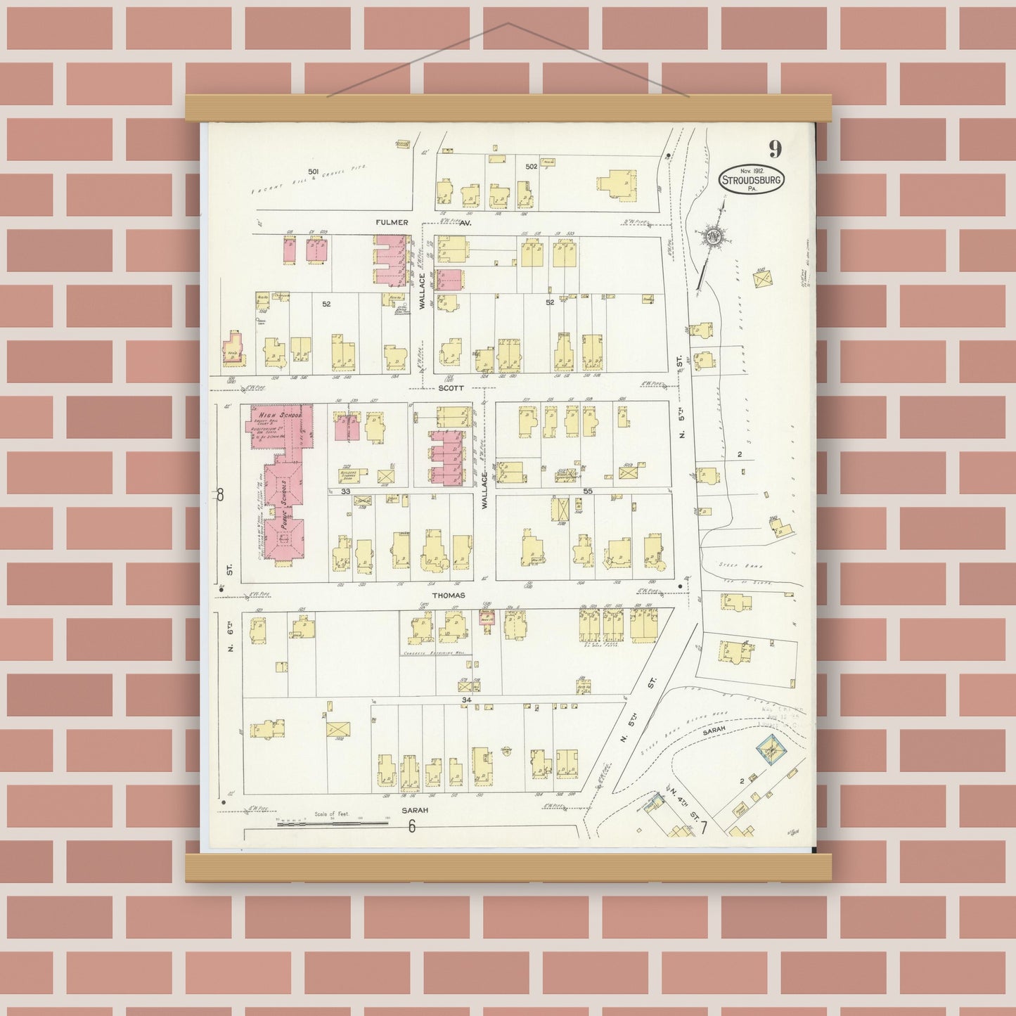 Old map wall art mockup — magnetic wood frame on brick wall — Sanborn Fire Insurance Map from Stroudsburg, Monroe County, Pennsylvania (1912), Sheet #0009