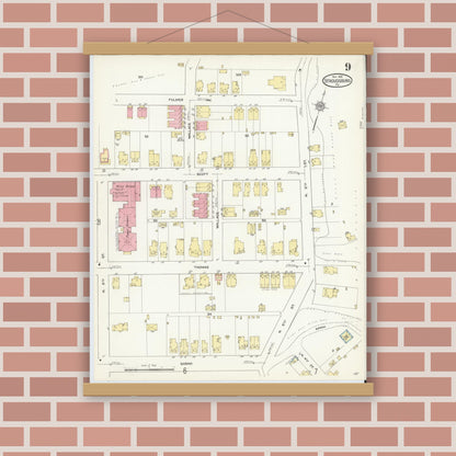 Old map wall art mockup — magnetic wood frame on brick wall — Sanborn Fire Insurance Map from Stroudsburg, Monroe County, Pennsylvania (1912), Sheet #0009