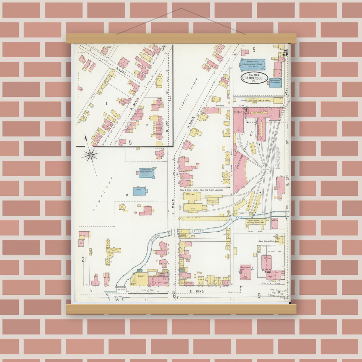 Old map wall art mockup — magnetic wood frame on brick wall — Sanborn Fire Insurance Map from Chambersburg, Franklin County, Pennsylvania (1904), Sheet #0005