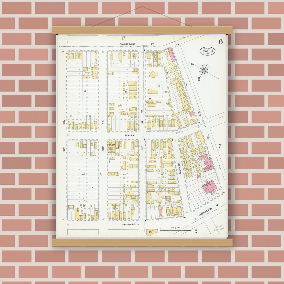 Old map wall art mockup — magnetic wood frame on brick wall — Sanborn Fire Insurance Map from Cairo, Alexander County, Illinois (1901), Sheet #0006