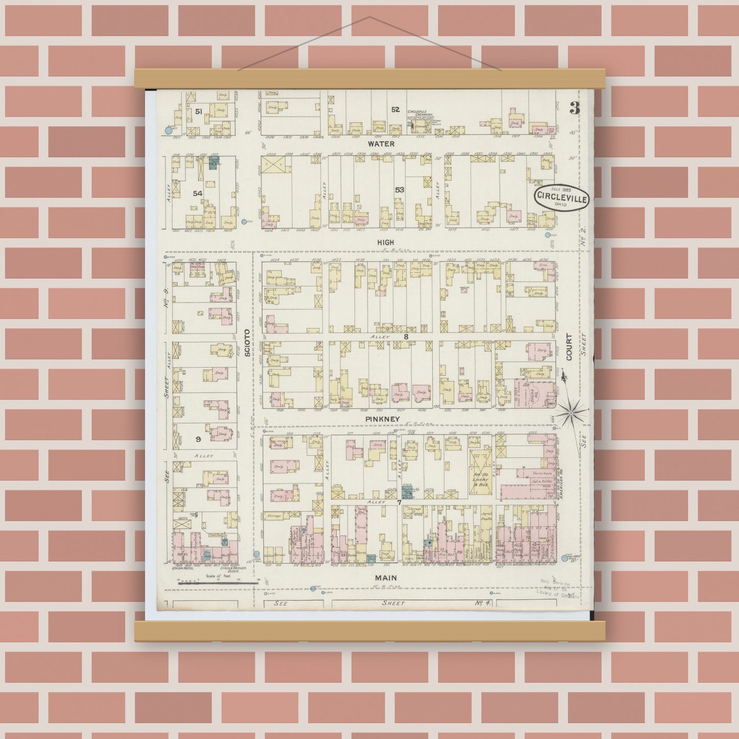 Old map wall art mockup — magnetic wood frame on brick wall — Sanborn Fire Insurance Map from Circleville, Pickaway County, Ohio (1889), Sheet #0003