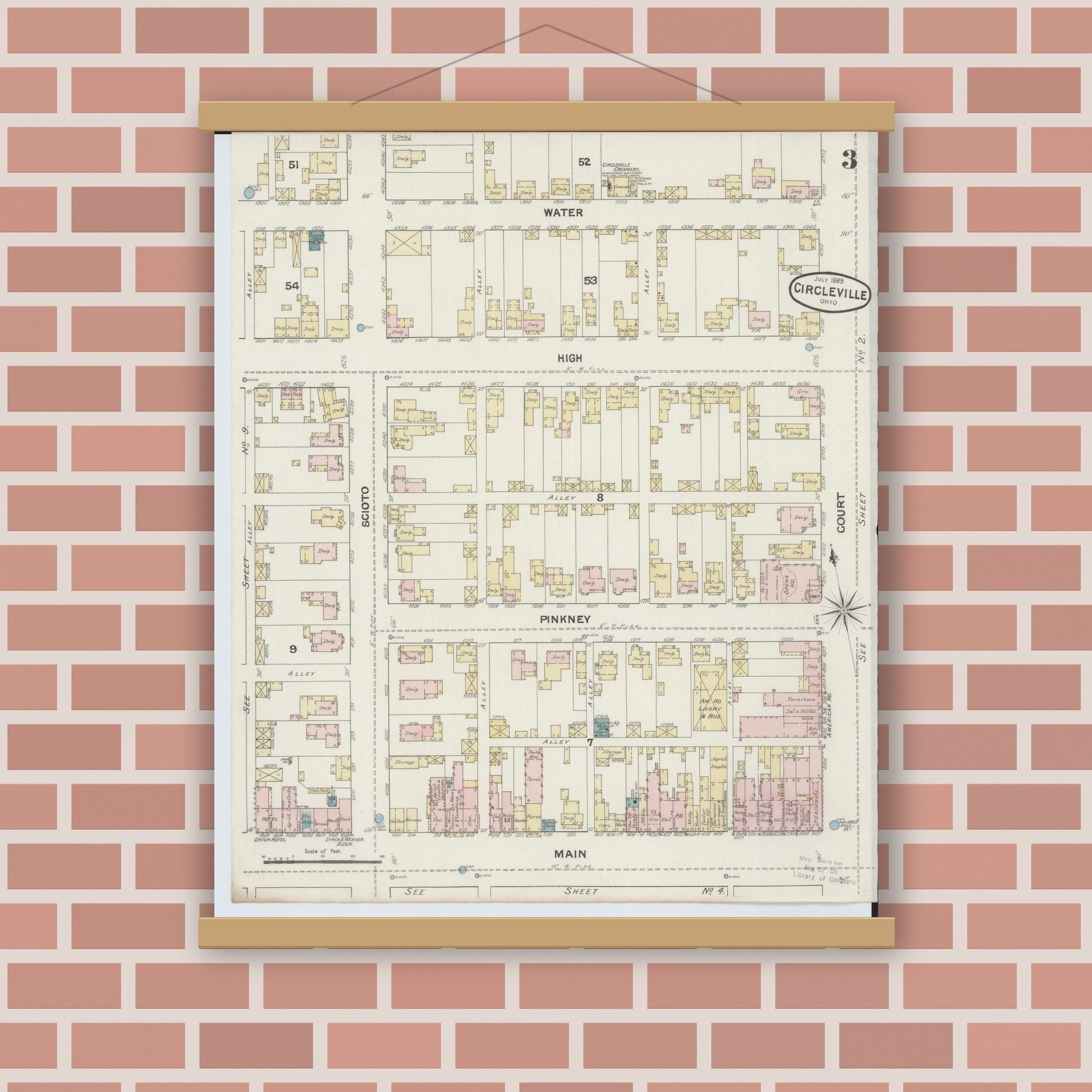 Old map wall art mockup — magnetic wood frame on brick wall — Sanborn Fire Insurance Map from Circleville, Pickaway County, Ohio (1889), Sheet #0003