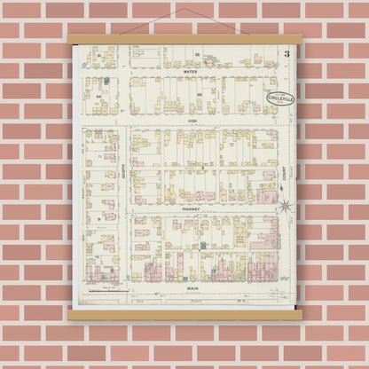 Old map wall art mockup — magnetic wood frame on brick wall — Sanborn Fire Insurance Map from Circleville, Pickaway County, Ohio (1889), Sheet #0003