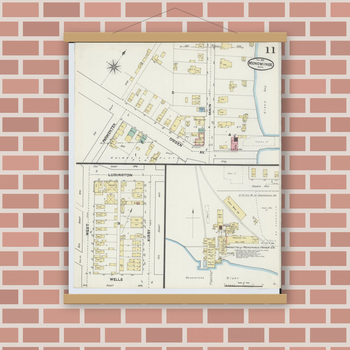 Old map wall art mockup — magnetic wood frame on brick wall — Sanborn Fire Insurance Map from Menominee, Menominee County, Michigan (1890), Sheet #0011