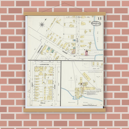 Old map wall art mockup — magnetic wood frame on brick wall — Sanborn Fire Insurance Map from Menominee, Menominee County, Michigan (1890), Sheet #0011