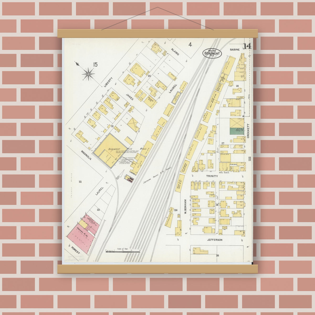 Old map wall art mockup — magnetic wood frame on brick wall — Sanborn Fire Insurance Map from Beaumont, Jefferson County, Texas (1902), Sheet #0014