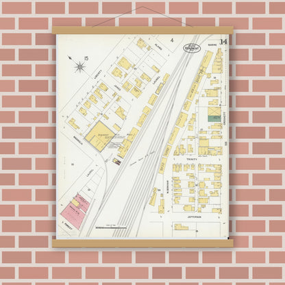 Old map wall art mockup — magnetic wood frame on brick wall — Sanborn Fire Insurance Map from Beaumont, Jefferson County, Texas (1902), Sheet #0014